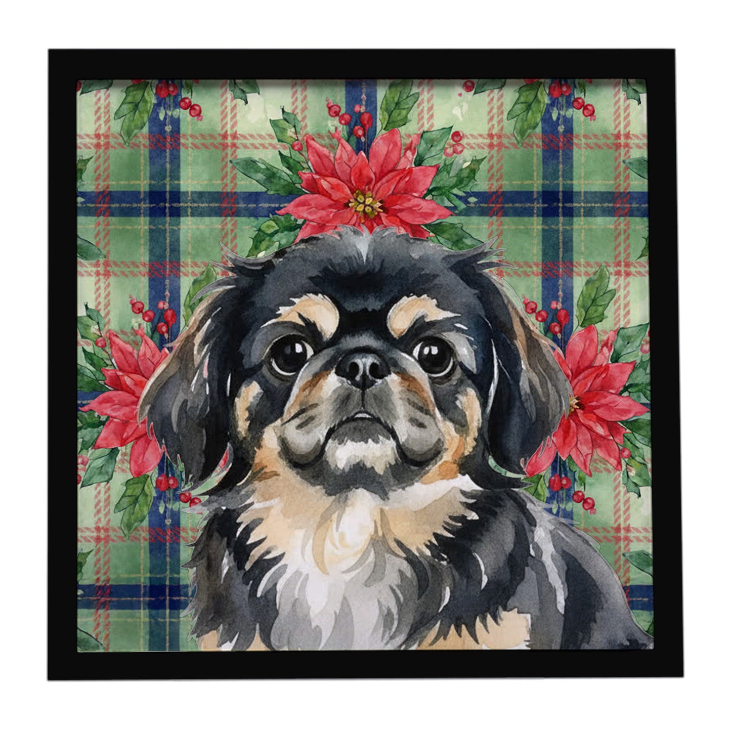 Buy this Black and Tan Pekingese Christmas PoinsettIas Framed Metal Print