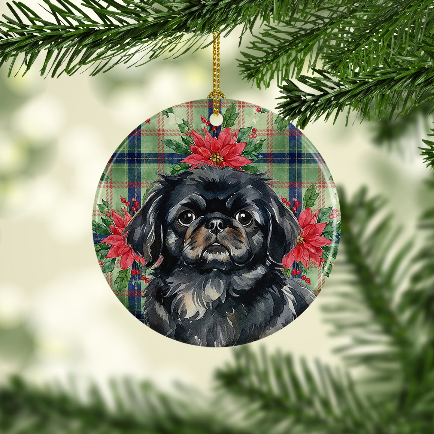 Black Pekingese Christmas PoinsettIas Ceramic Ornament