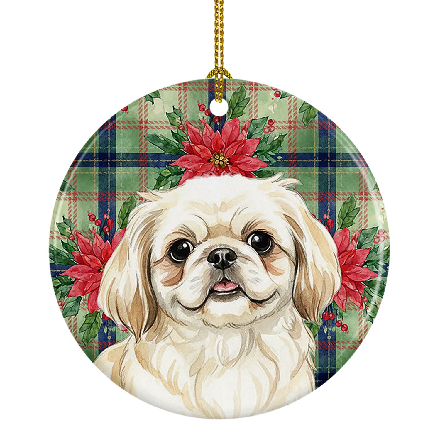 Buy this Cream Pekingese Christmas PoinsettIas Ceramic Ornament