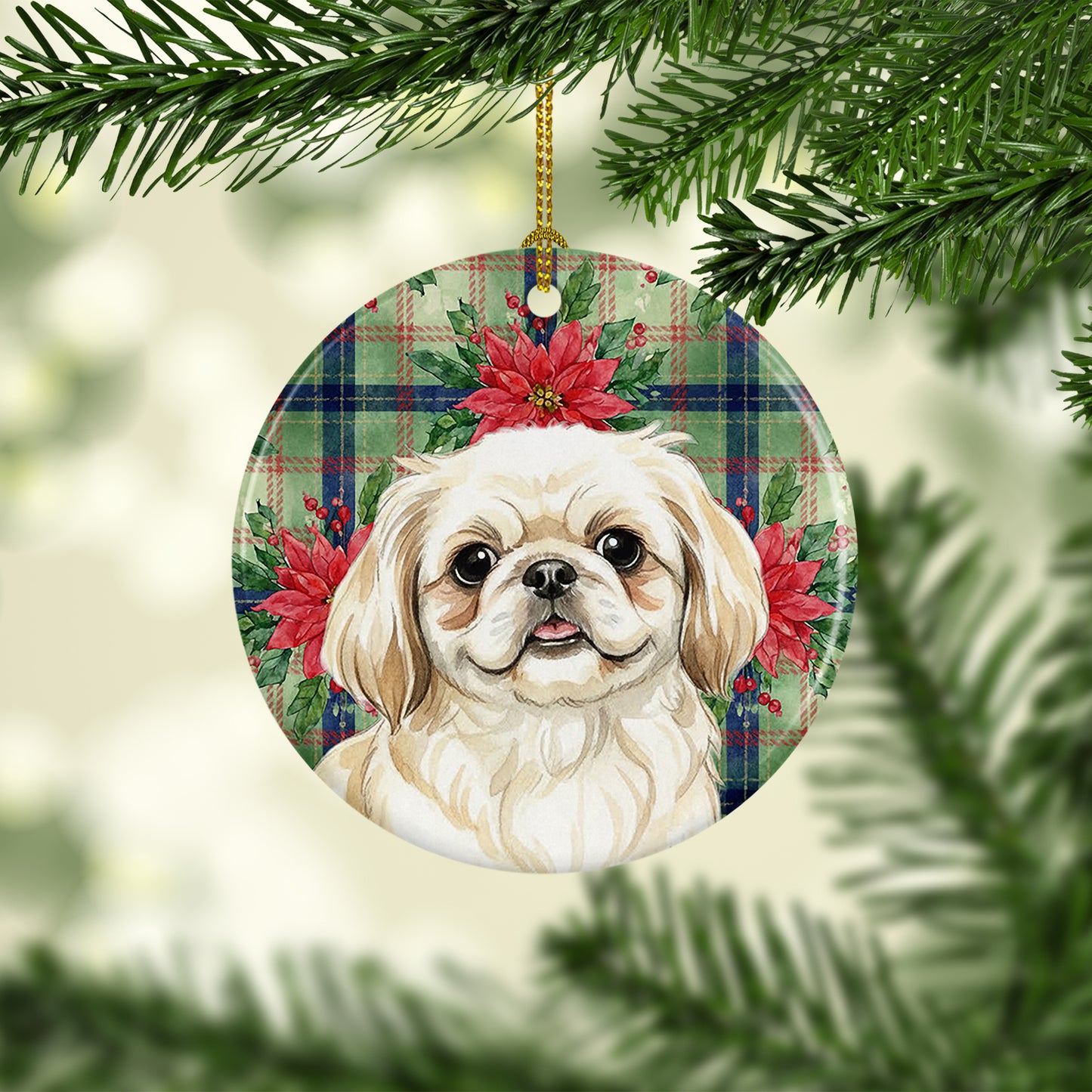 Cream Pekingese Christmas PoinsettIas Ceramic Ornament