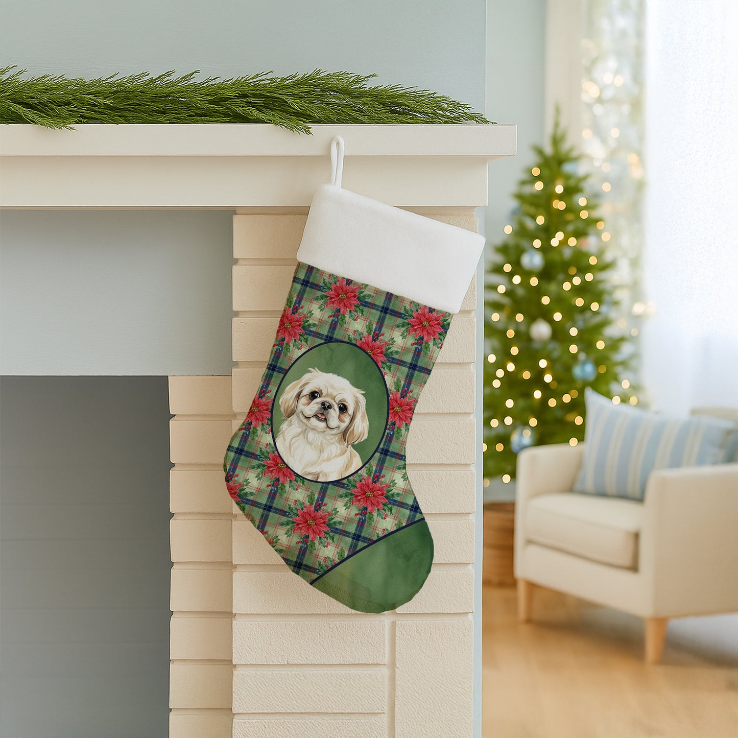Cream Pekingese Christmas PoinsettIas Holiday Stocking