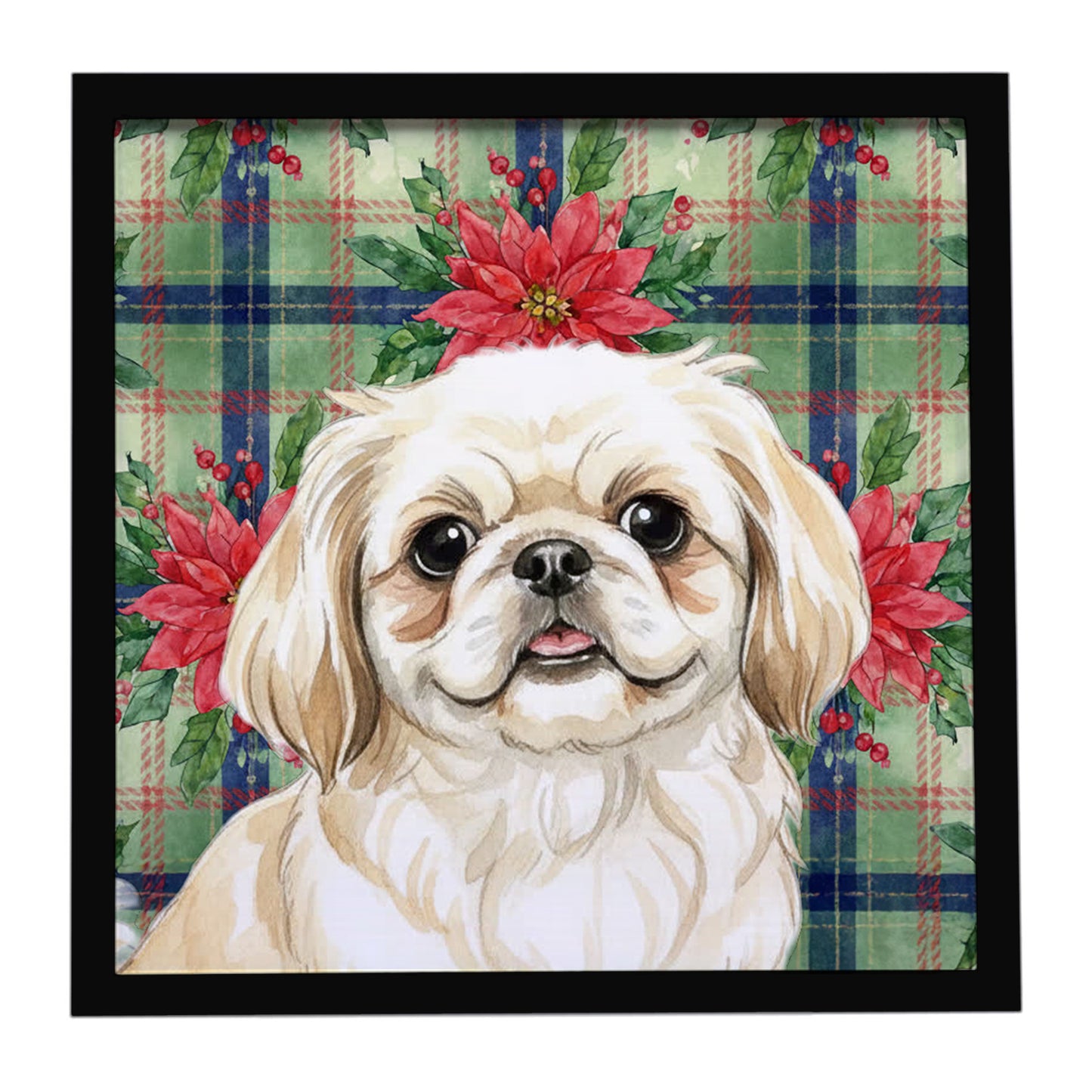 Buy this Cream Pekingese Christmas PoinsettIas Framed Metal Print