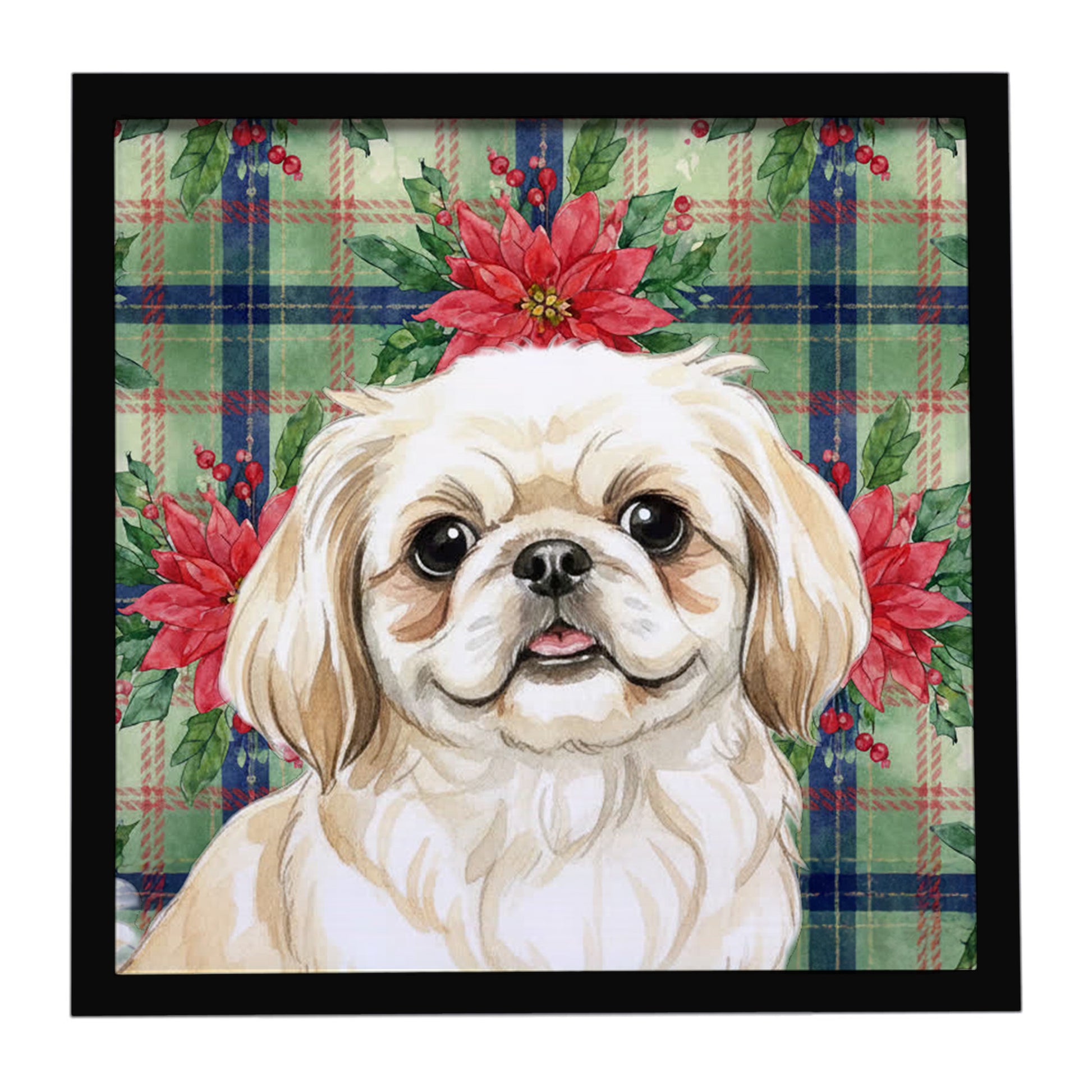 Buy this Cream Pekingese Christmas PoinsettIas Framed Metal Print