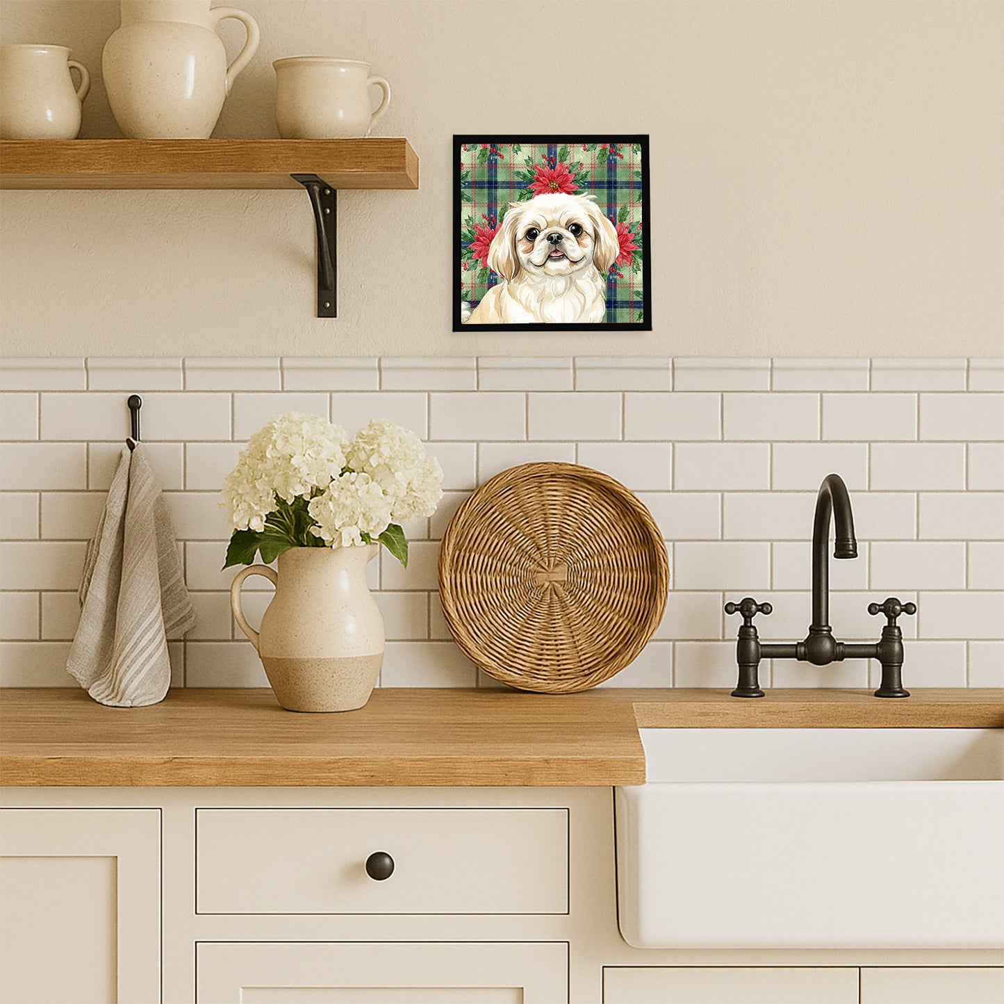 Cream Pekingese Christmas PoinsettIas Framed Metal Print