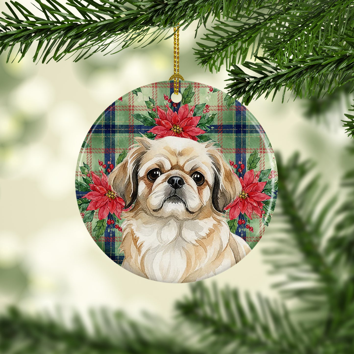 Fawn Pekingese Christmas PoinsettIas Ceramic Ornament
