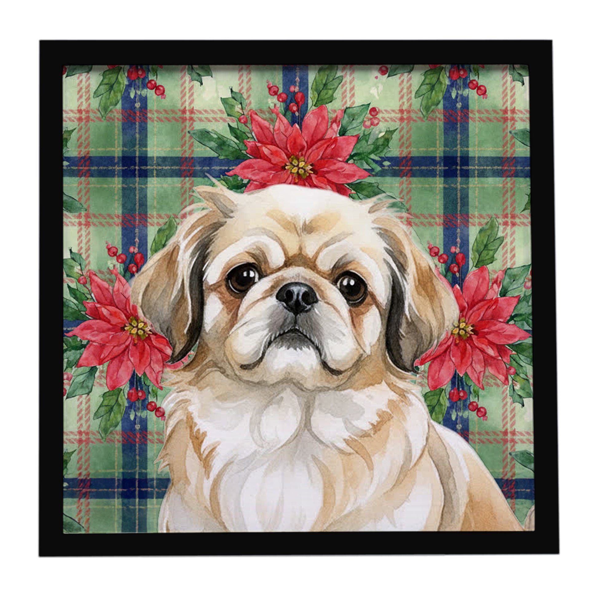 Buy this Fawn Pekingese Christmas PoinsettIas Framed Metal Print