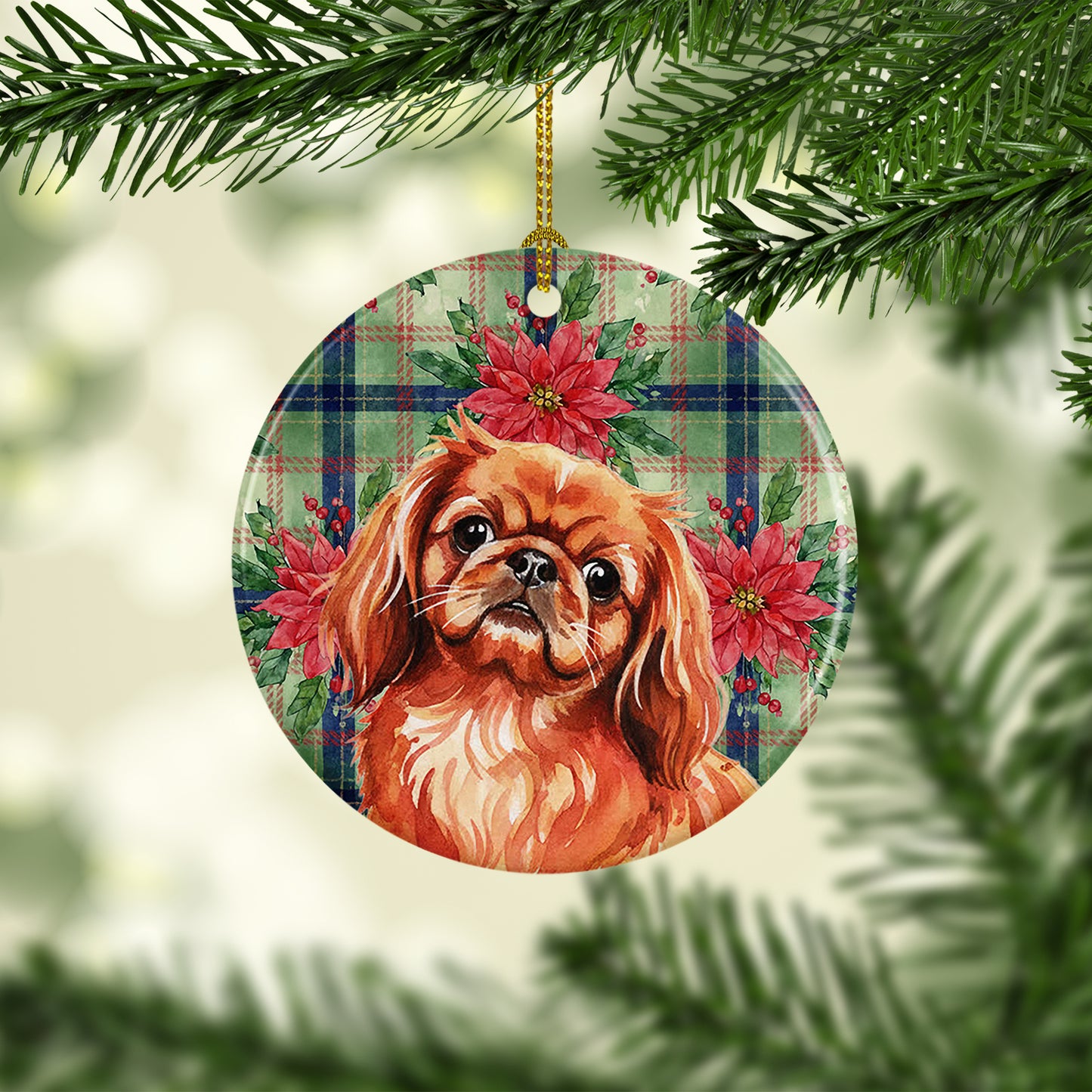 Red Pekingese Christmas PoinsettIas Ceramic Ornament