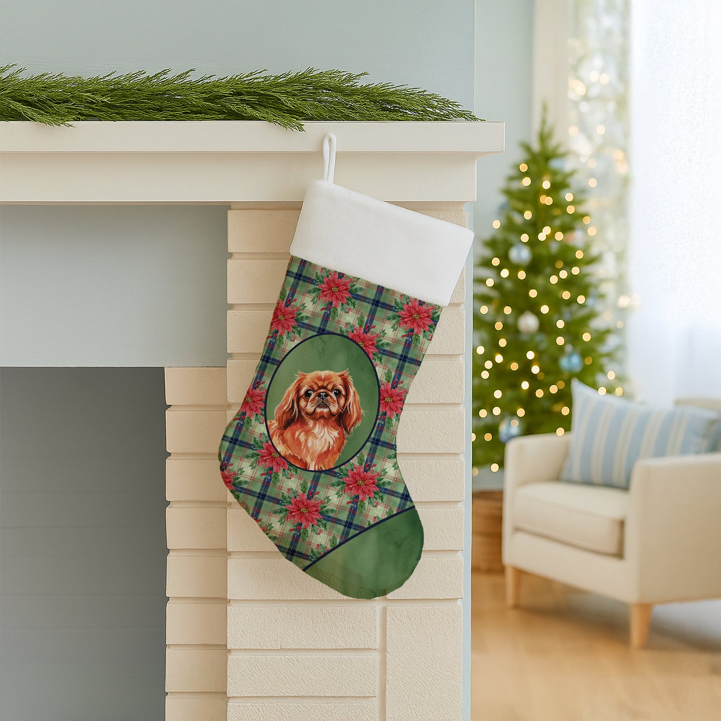 Red Pekingese Christmas PoinsettIas Holiday Stocking