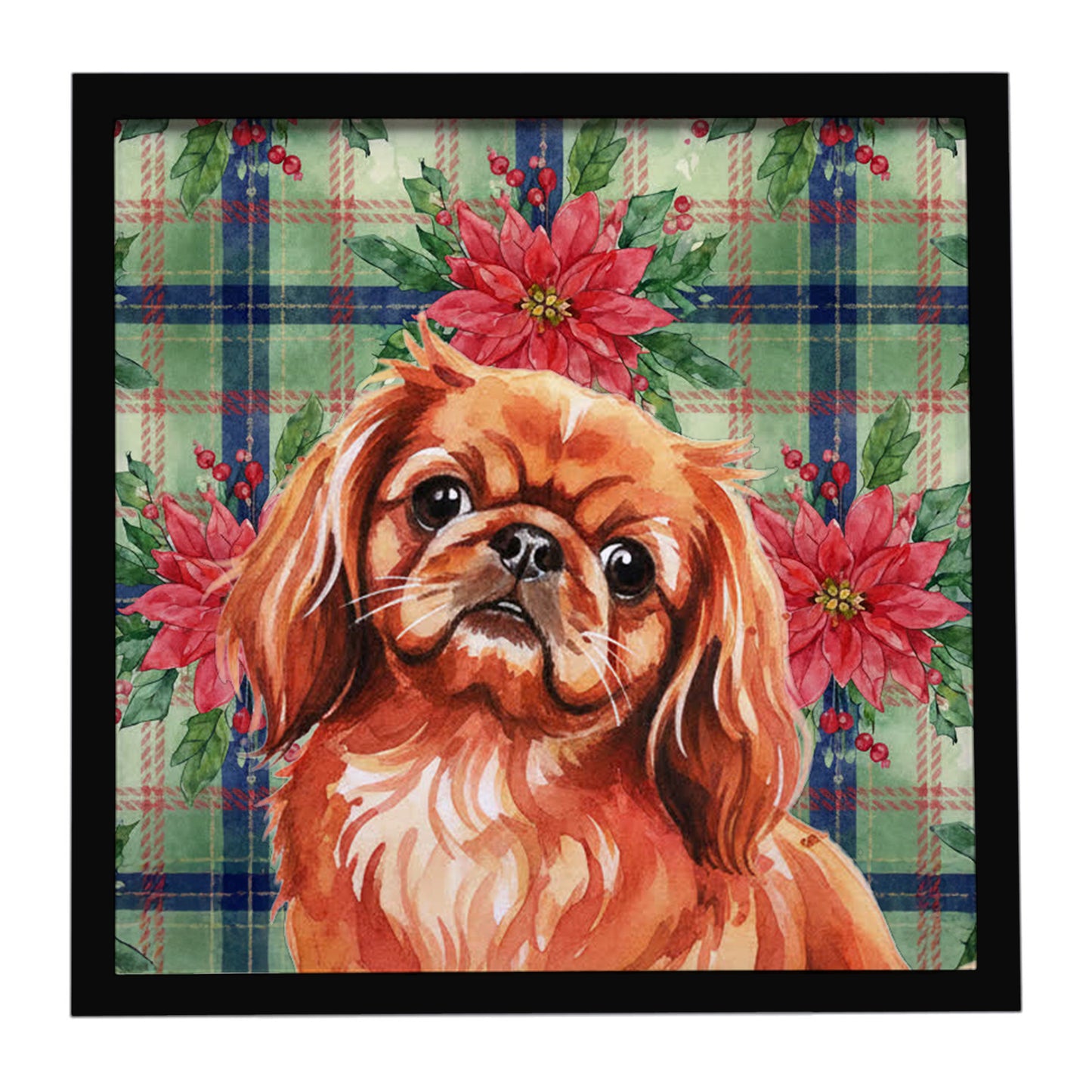 Buy this Red Pekingese Christmas PoinsettIas Framed Metal Print