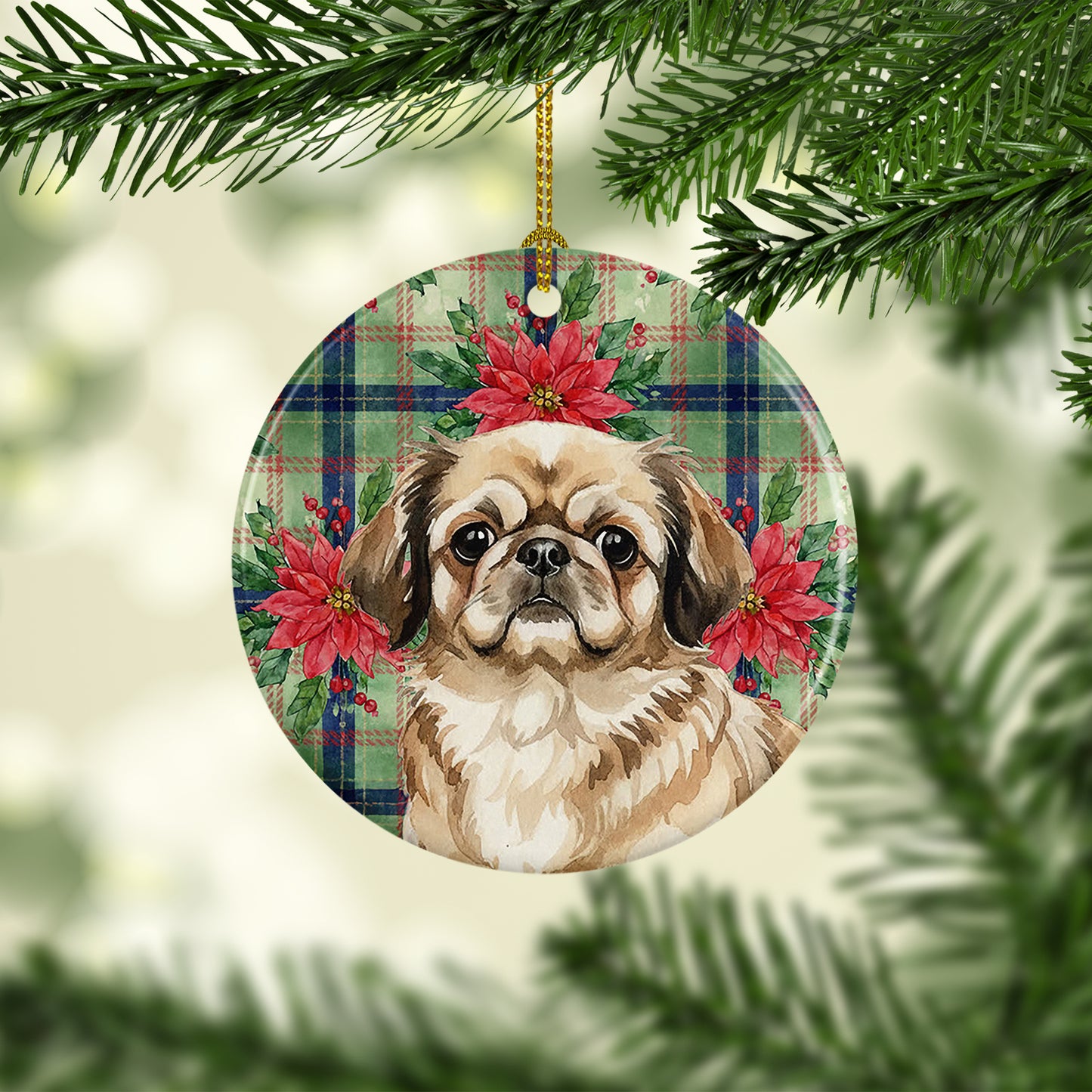 Sable Pekingese Christmas PoinsettIas Ceramic Ornament