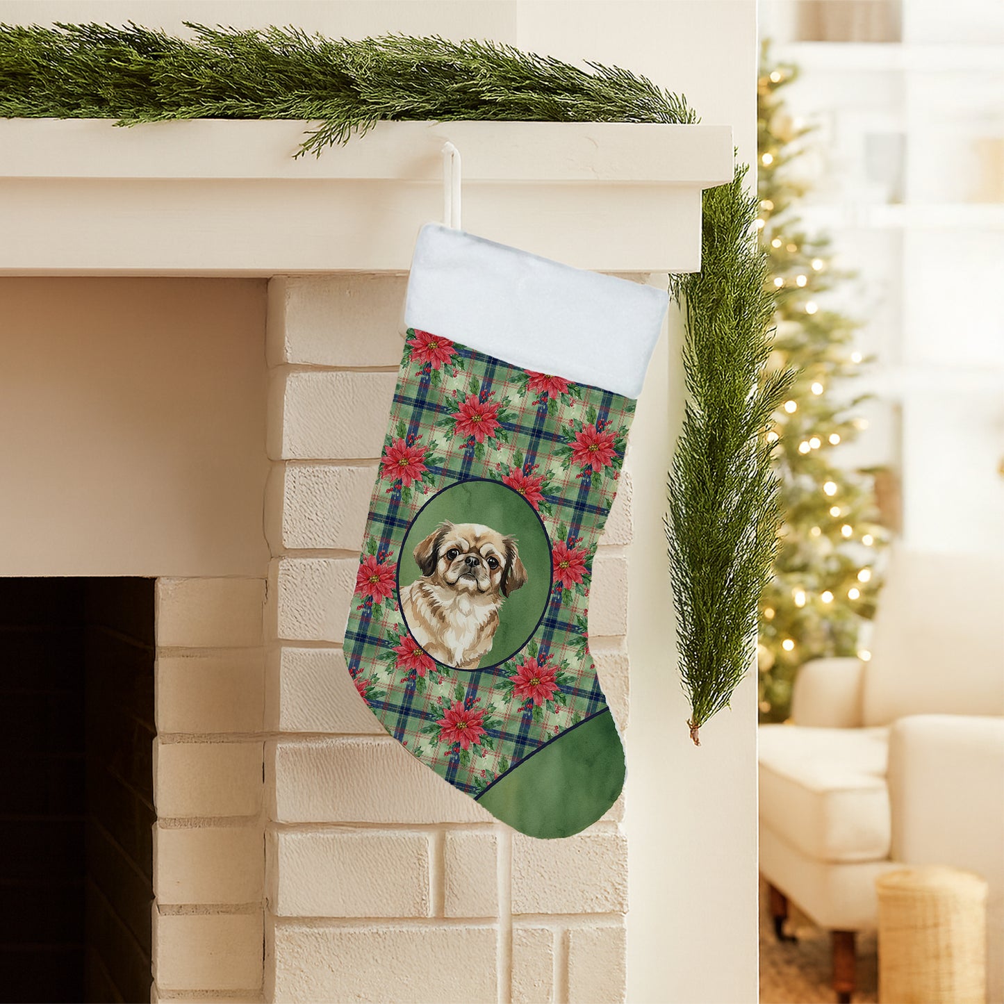 Sable Pekingese Christmas PoinsettIas Holiday Stocking