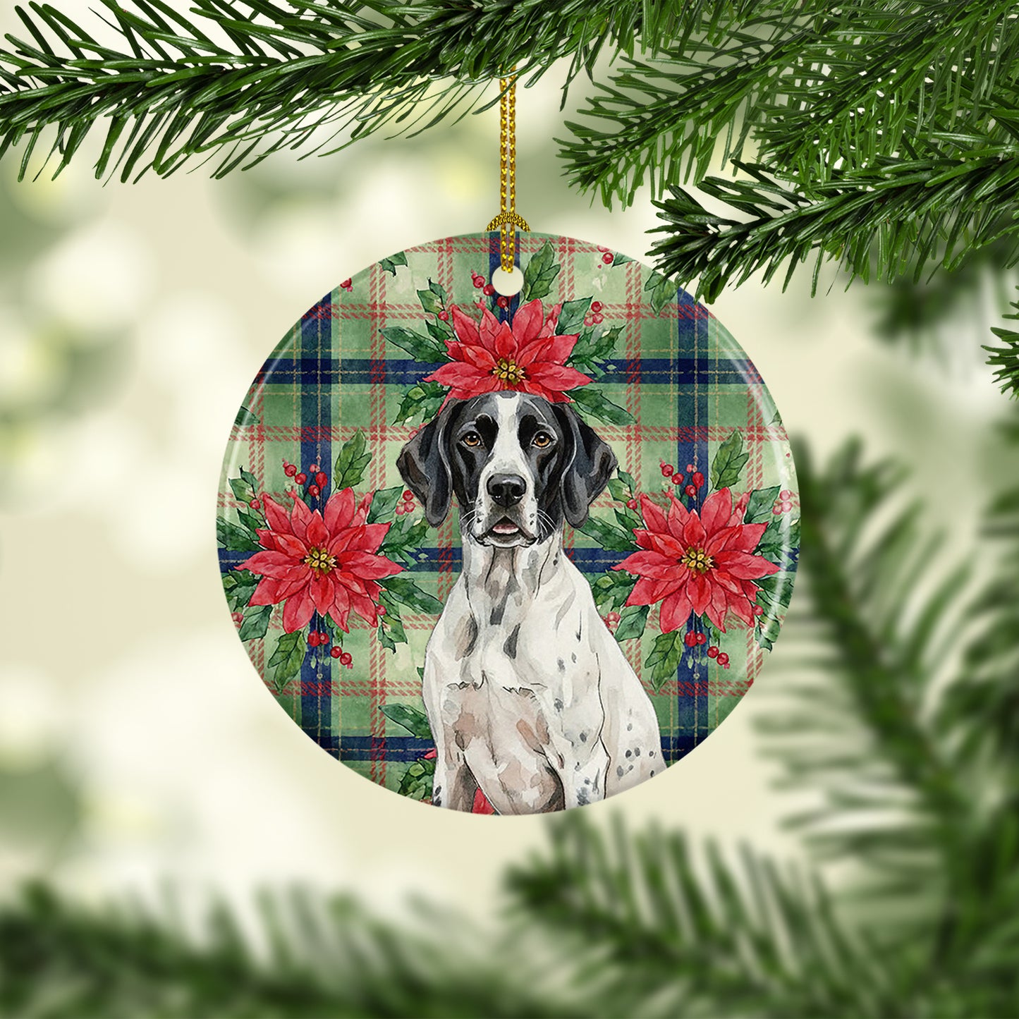 Black and White Pointer Christmas PoinsettIas Ceramic Ornament