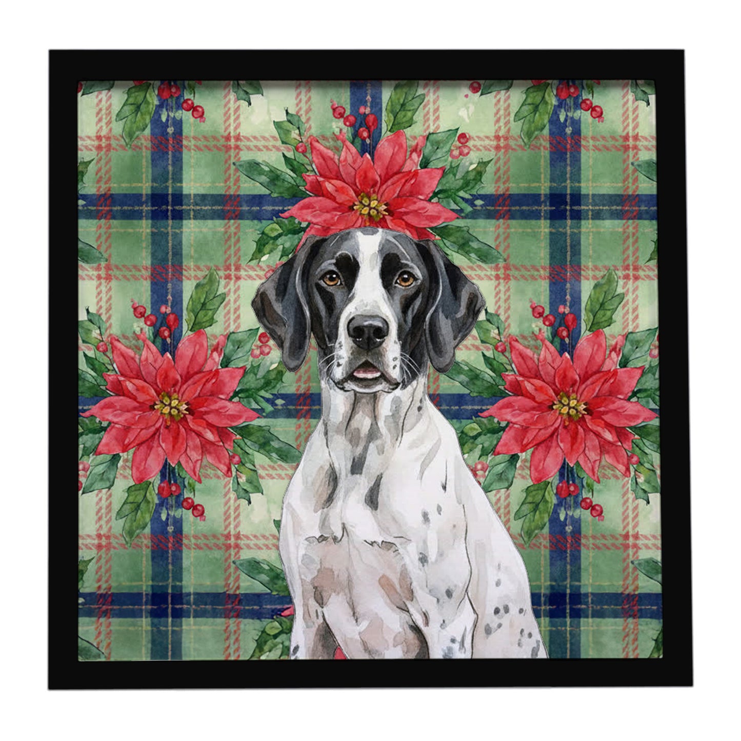 Buy this Black and White Pointer Christmas PoinsettIas Framed Metal Print