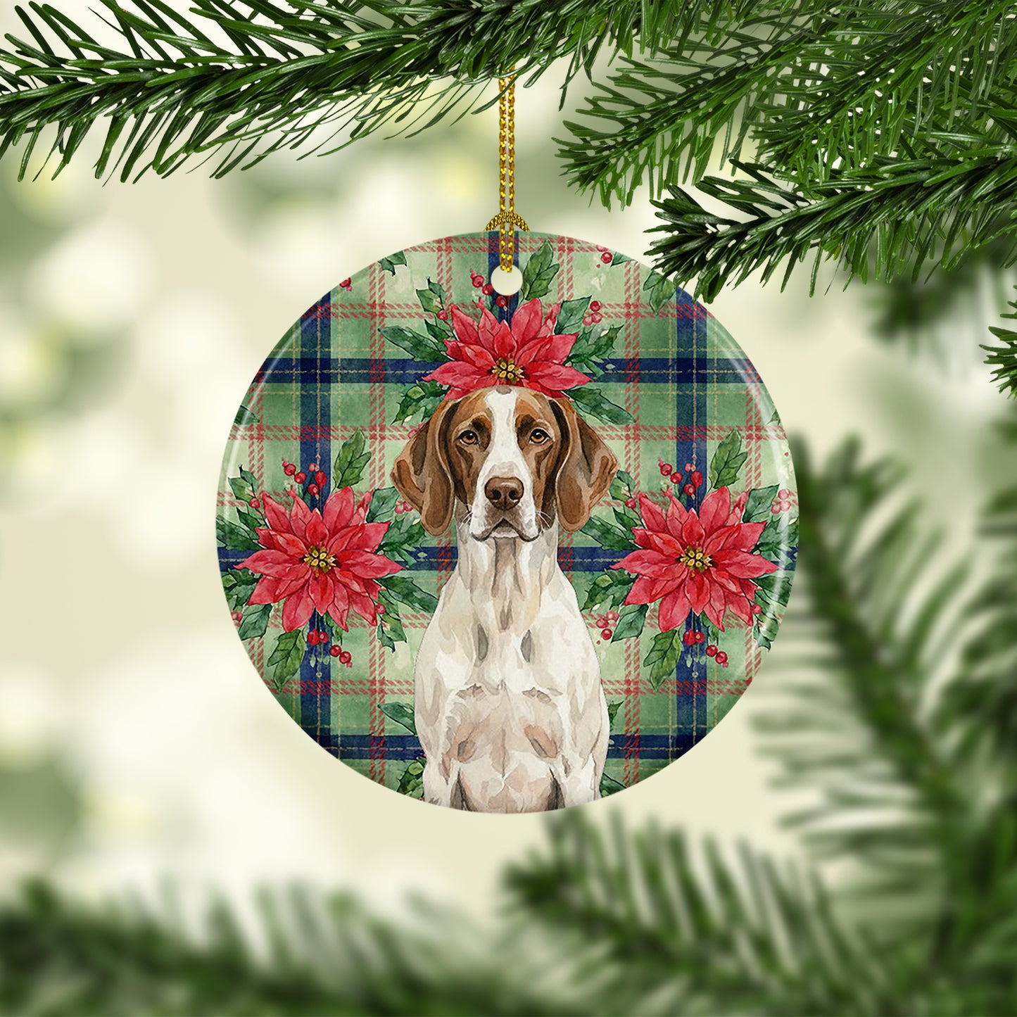 Liver and White Pointer Christmas PoinsettIas Ceramic Ornament