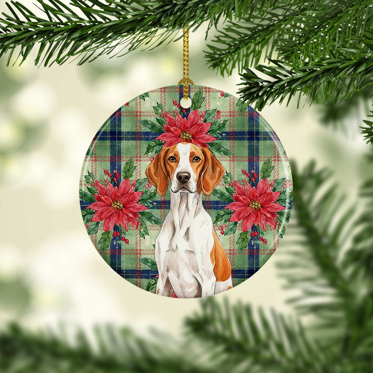 Orange and White Pointer Christmas PoinsettIas Ceramic Ornament
