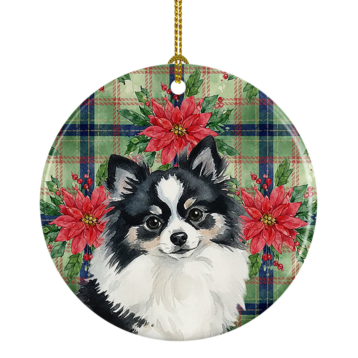 Buy this Black and White Pomeranian Christmas PoinsettIas Ceramic Ornament