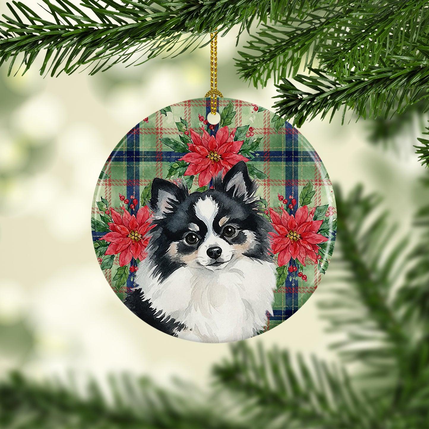 Black and White Pomeranian Christmas PoinsettIas Ceramic Ornament