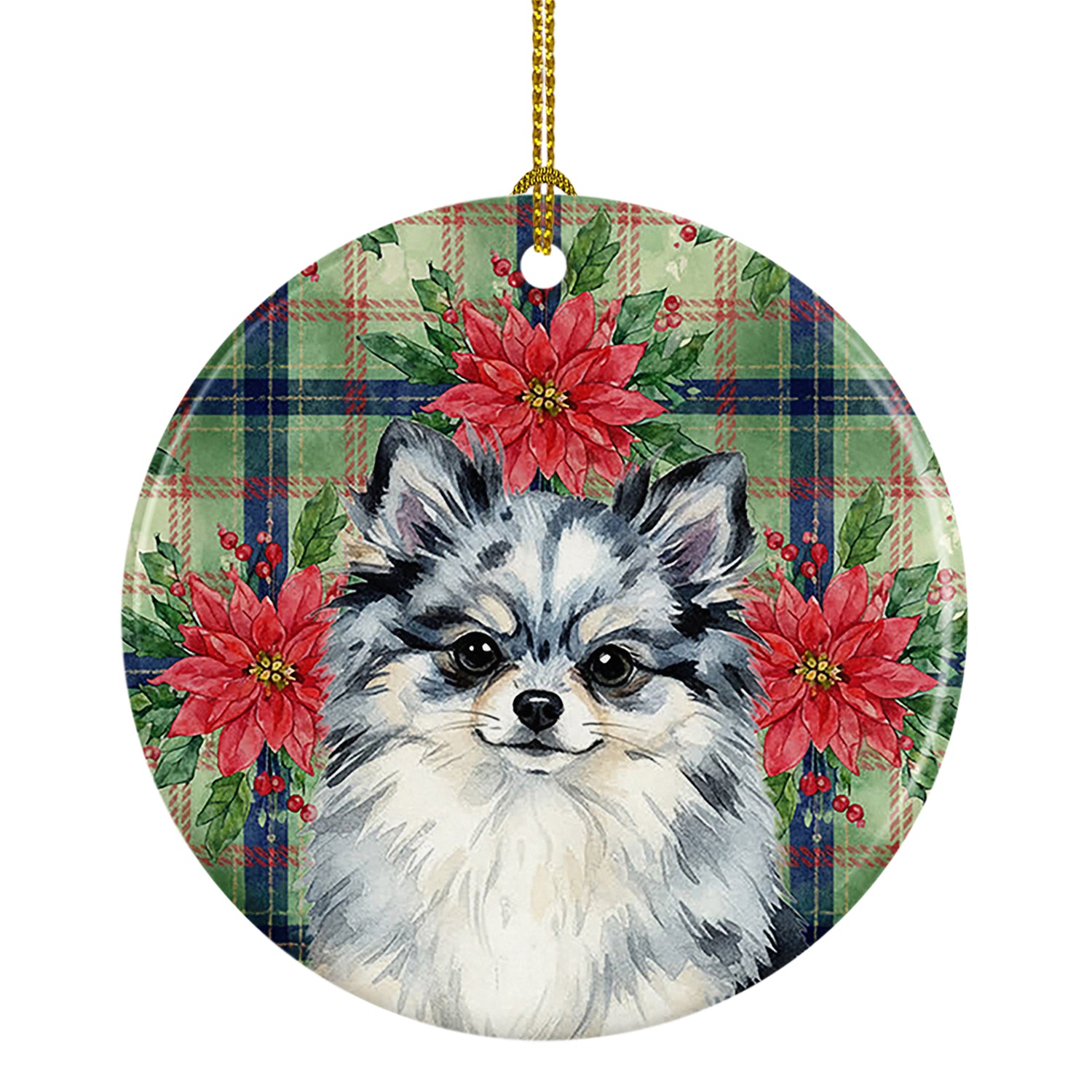 Buy this Blue Merle Pomeranian Christmas PoinsettIas Ceramic Ornament
