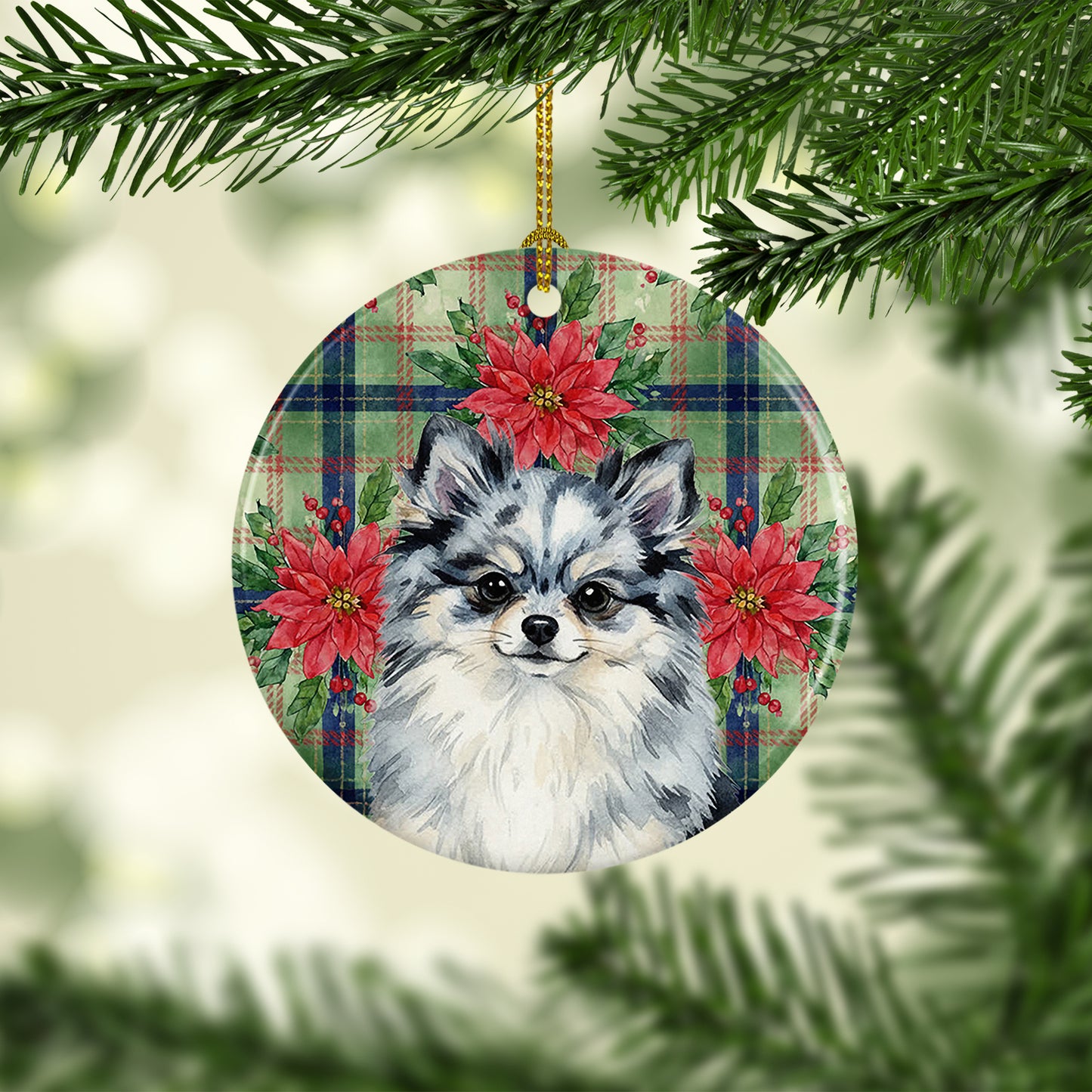 Blue Merle Pomeranian Christmas PoinsettIas Ceramic Ornament
