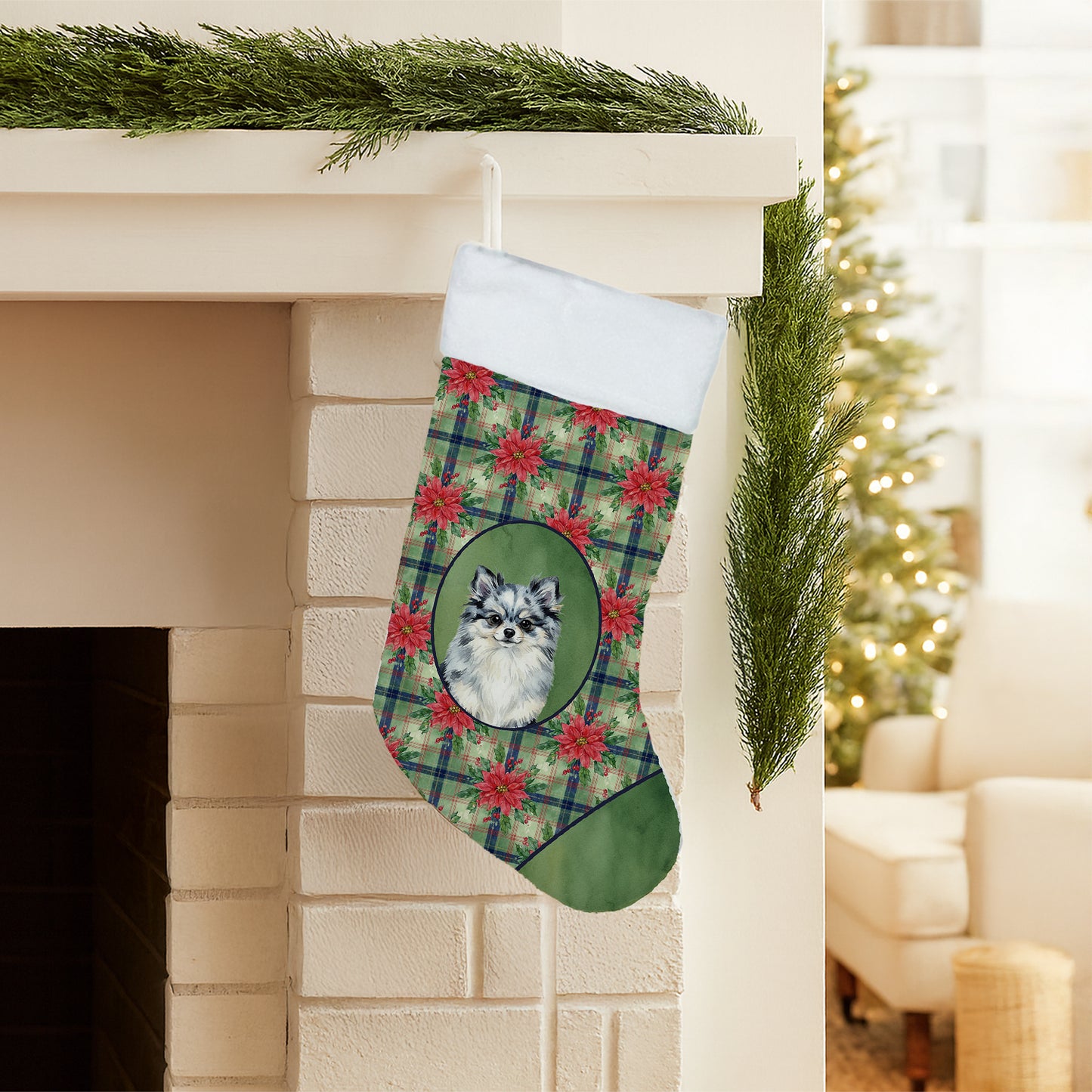 Blue Merle Pomeranian Christmas PoinsettIas Holiday Stocking