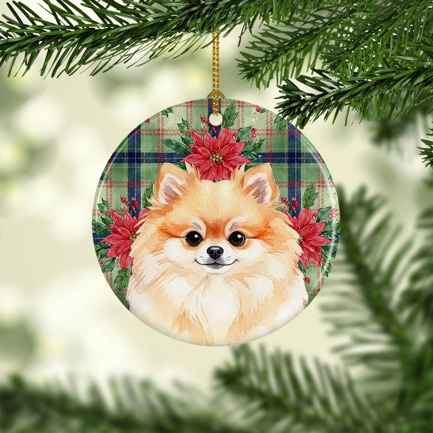 Pomeranian Christmas PoinsettIas Ceramic Ornament