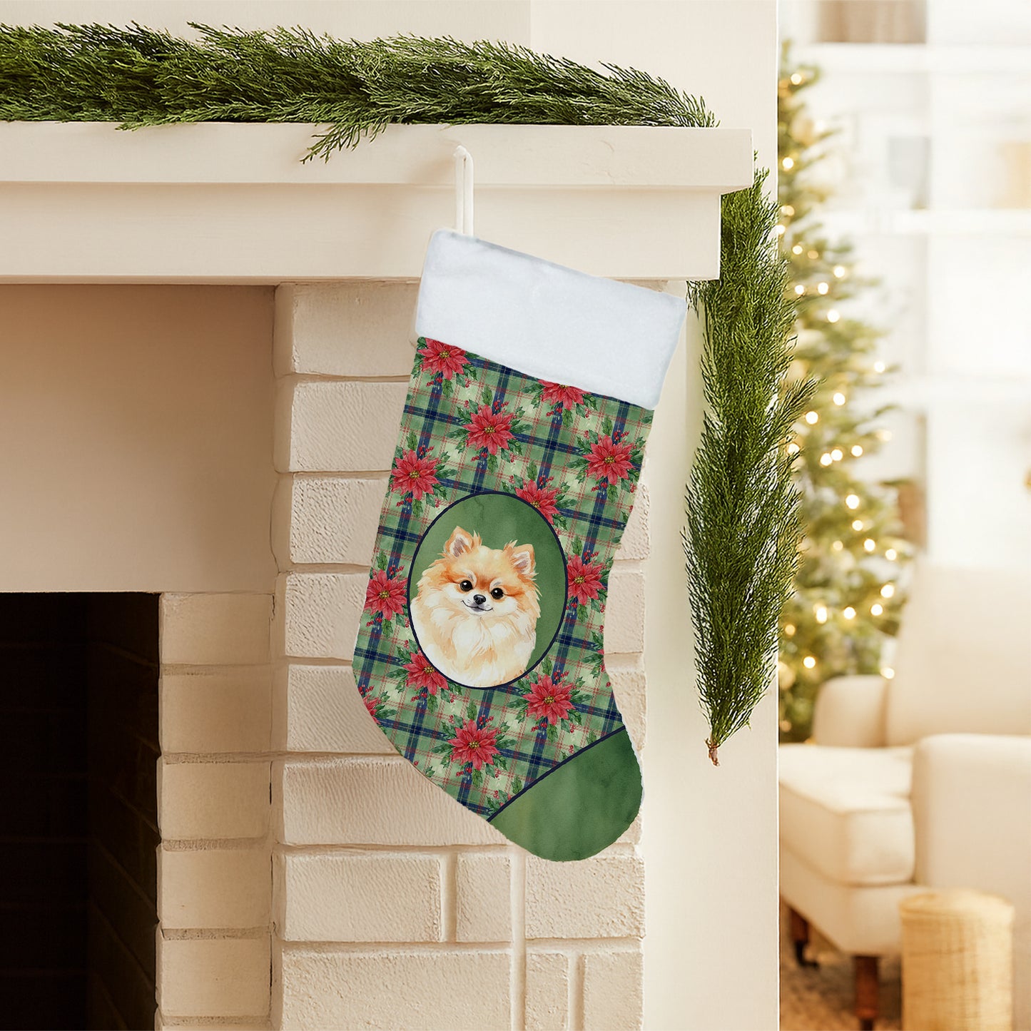 Pomeranian Christmas PoinsettIas Holiday Stocking