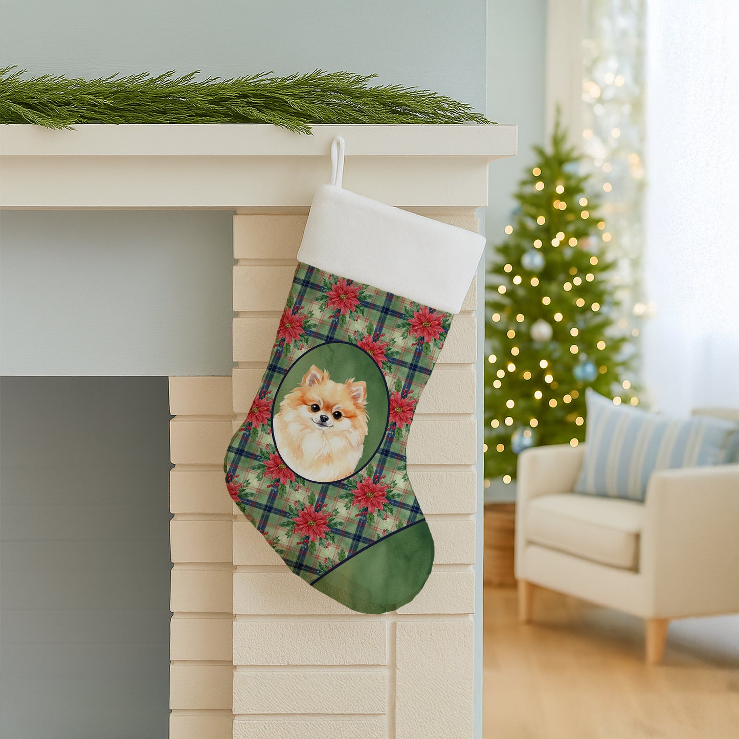 Pomeranian Christmas PoinsettIas Holiday Stocking