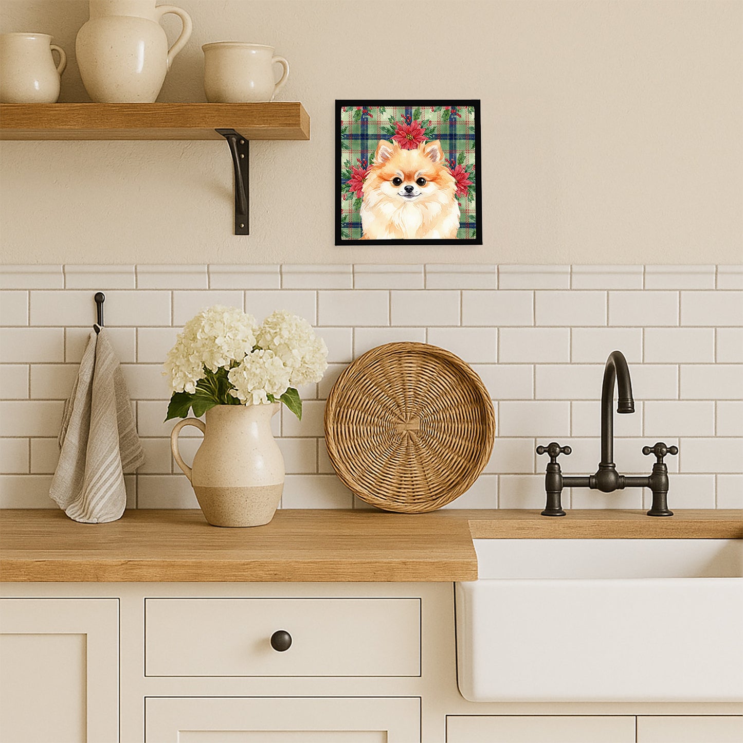 Pomeranian Christmas PoinsettIas Framed Metal Print
