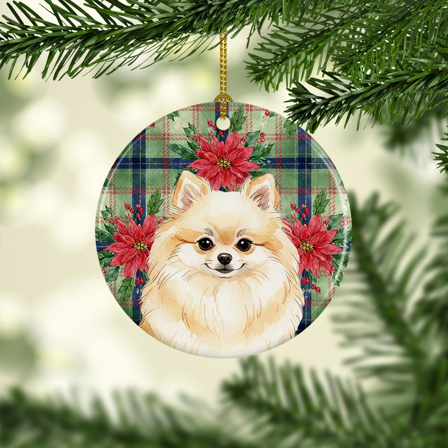 Cream Pomeranian Christmas PoinsettIas Ceramic Ornament