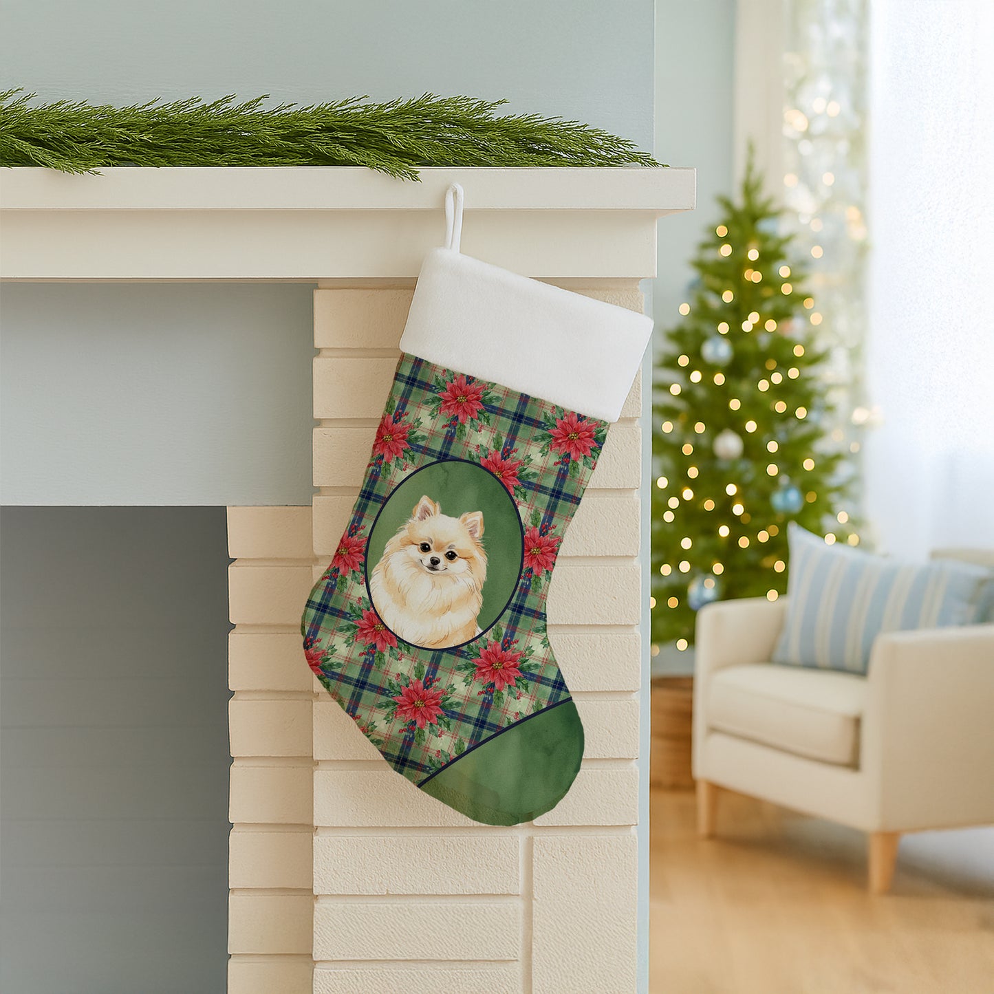 Cream Pomeranian Christmas PoinsettIas Holiday Stocking