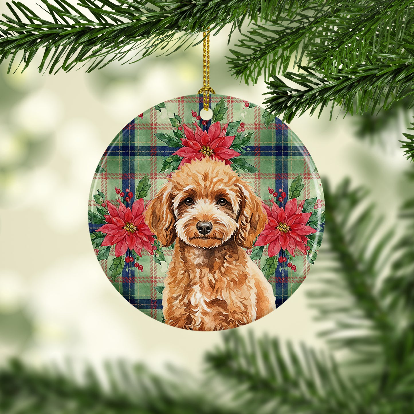 Miniature Apricot Poodle Christmas PoinsettIas Ceramic Ornament