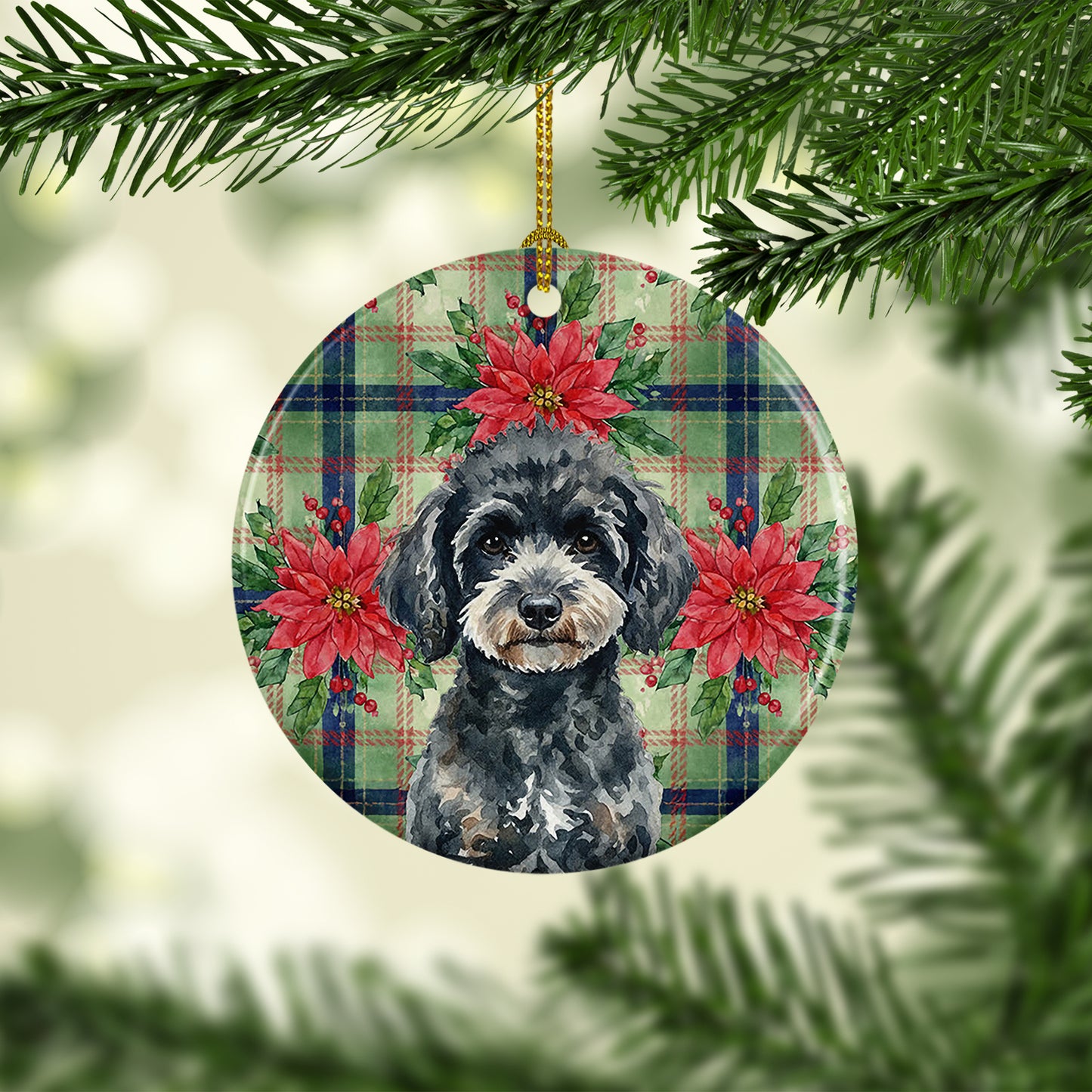 Miniature Black Poodle Christmas PoinsettIas Ceramic Ornament