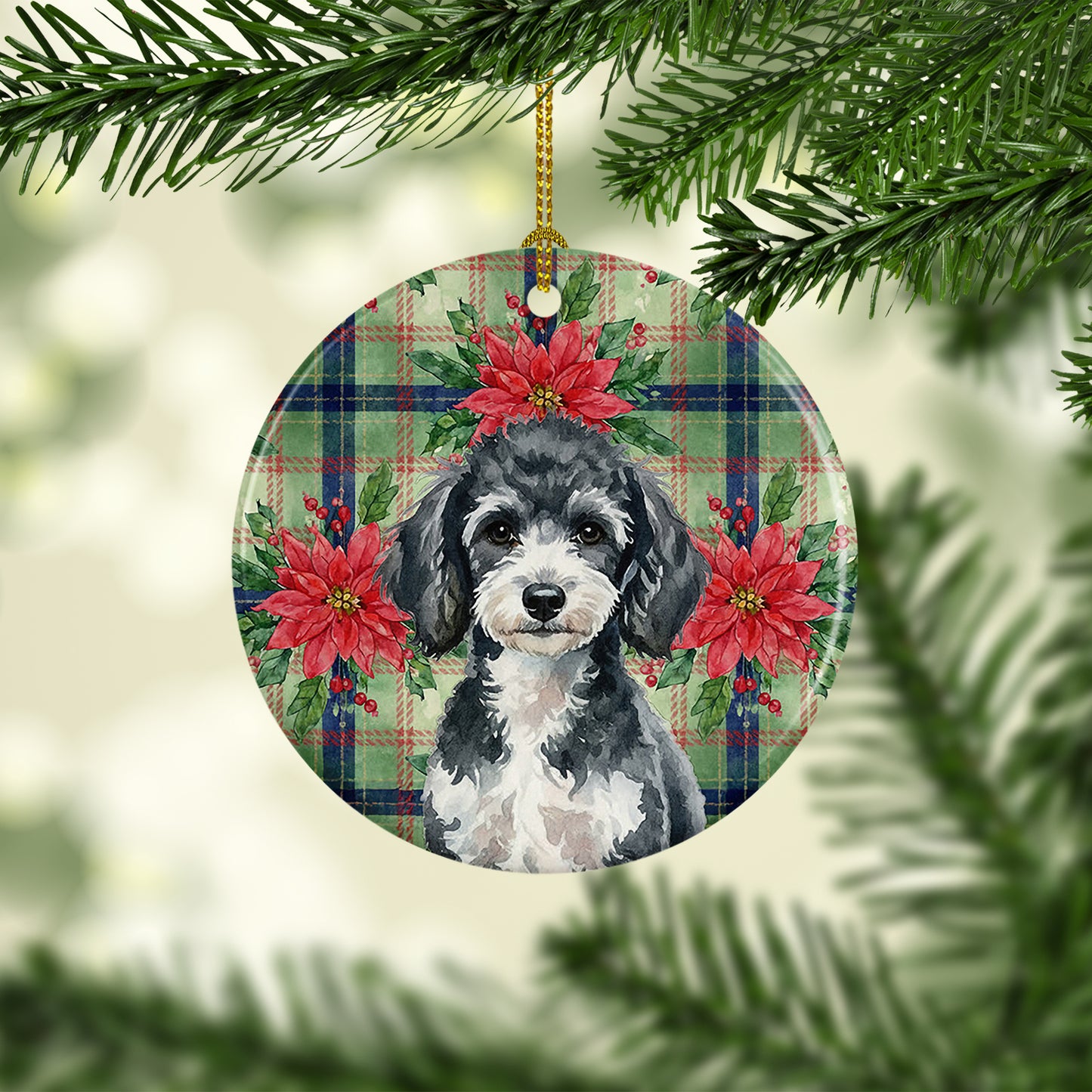 Miniature Parti Poodle Christmas PoinsettIas Ceramic Ornament