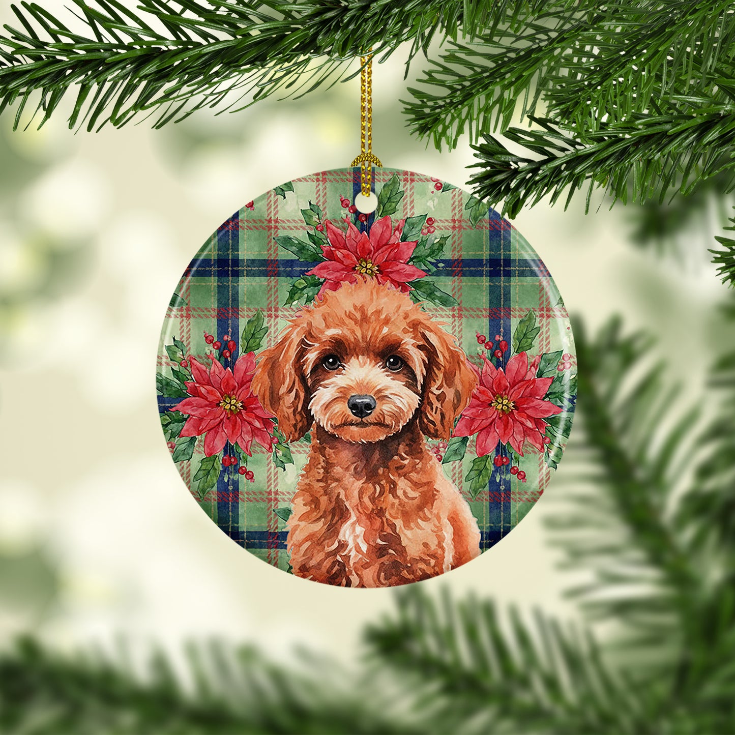 Miniature Red Poodle Christmas PoinsettIas Ceramic Ornament