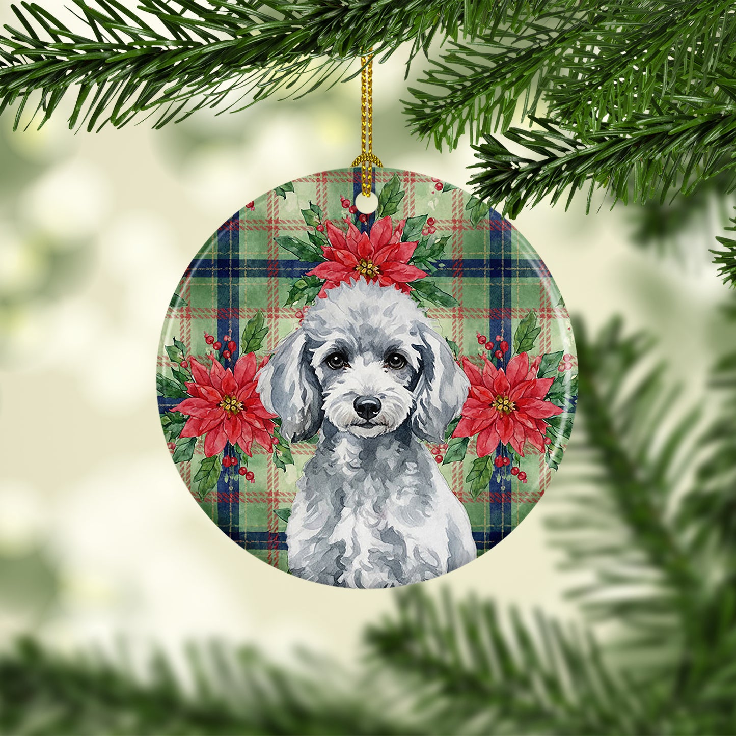 Miniature Silver Poodle Christmas PoinsettIas Ceramic Ornament