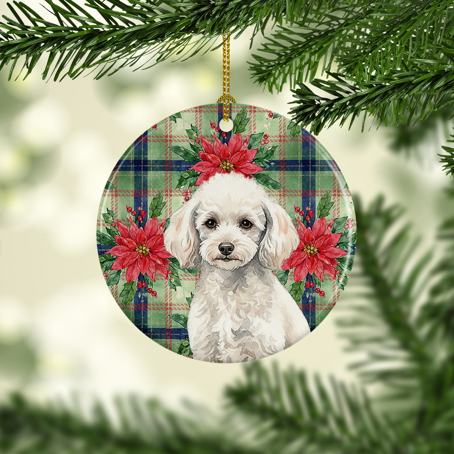 Miniature White Poodle Christmas PoinsettIas Ceramic Ornament