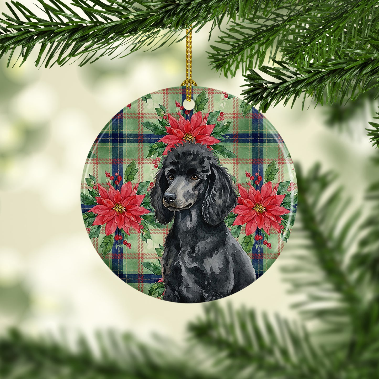 Standard Black Poodle Christmas PoinsettIas Ceramic Ornament