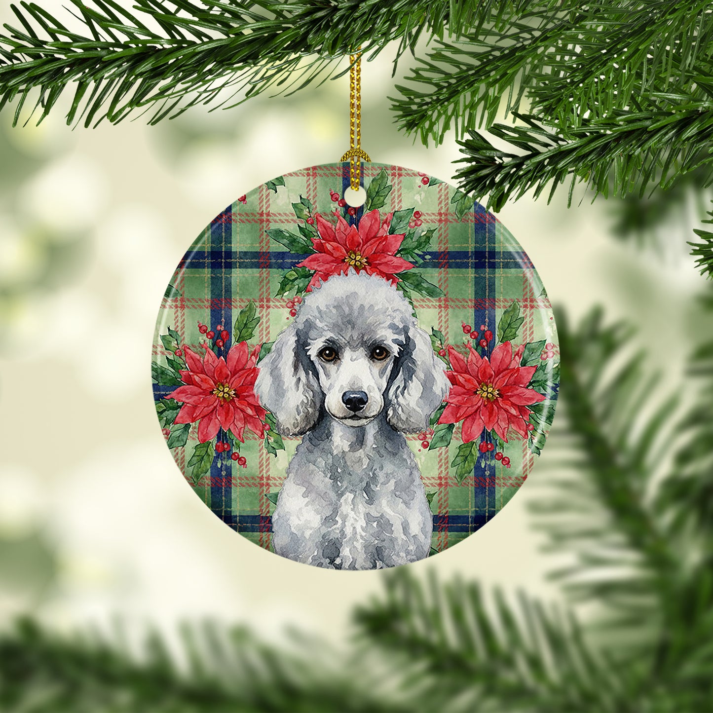 Standard Silver Poodle Christmas PoinsettIas Ceramic Ornament
