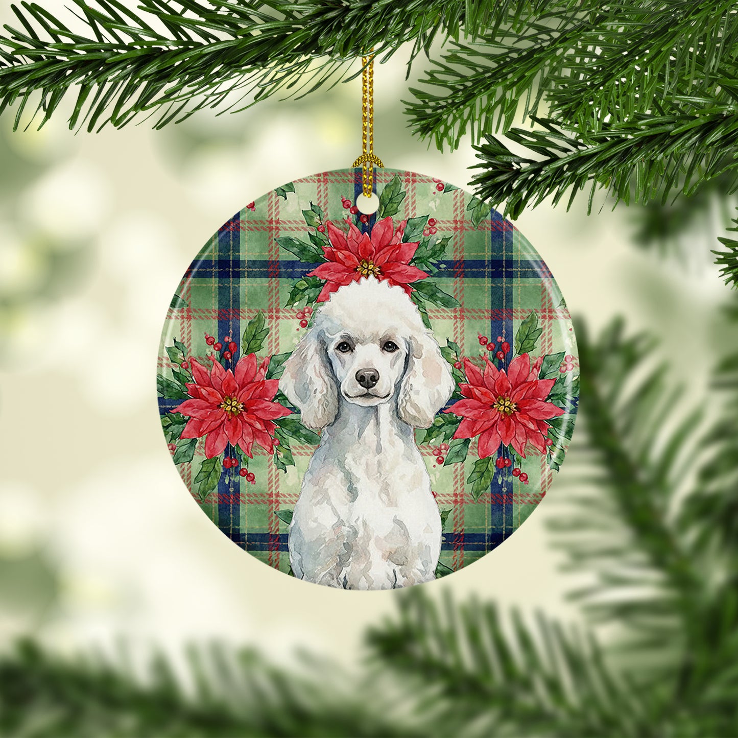 Standard White Poodle Christmas PoinsettIas Ceramic Ornament