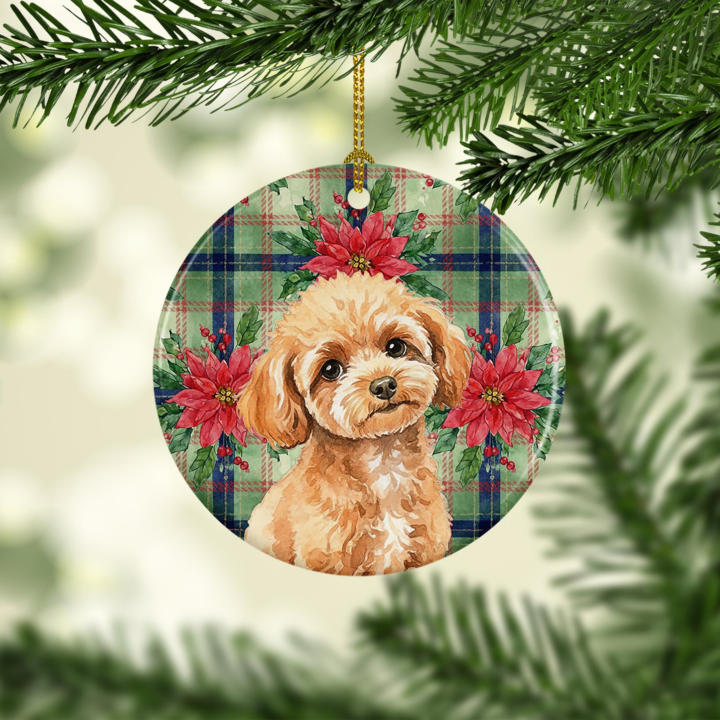 Toy Apricot Poodle Christmas PoinsettIas Ceramic Ornament