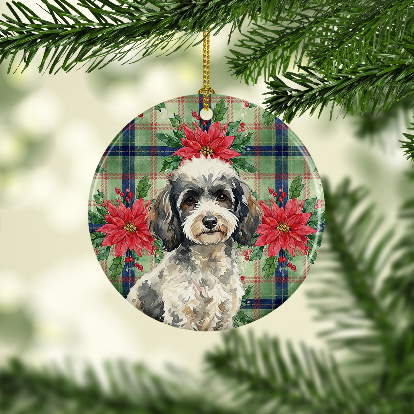 Toy Parti Poodle Christmas PoinsettIas Ceramic Ornament