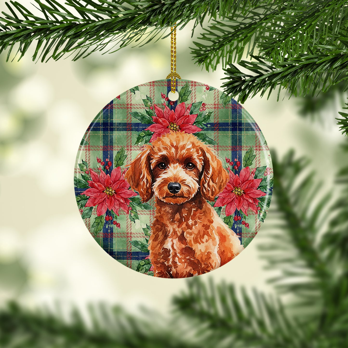 Toy Red Poodle Christmas PoinsettIas Ceramic Ornament