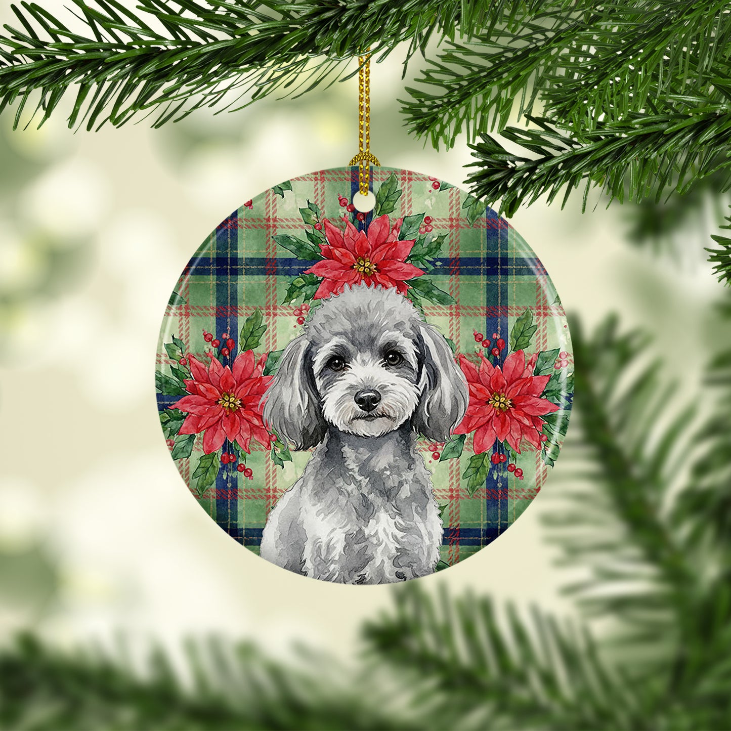 Toy Silver Poodle Christmas PoinsettIas Ceramic Ornament