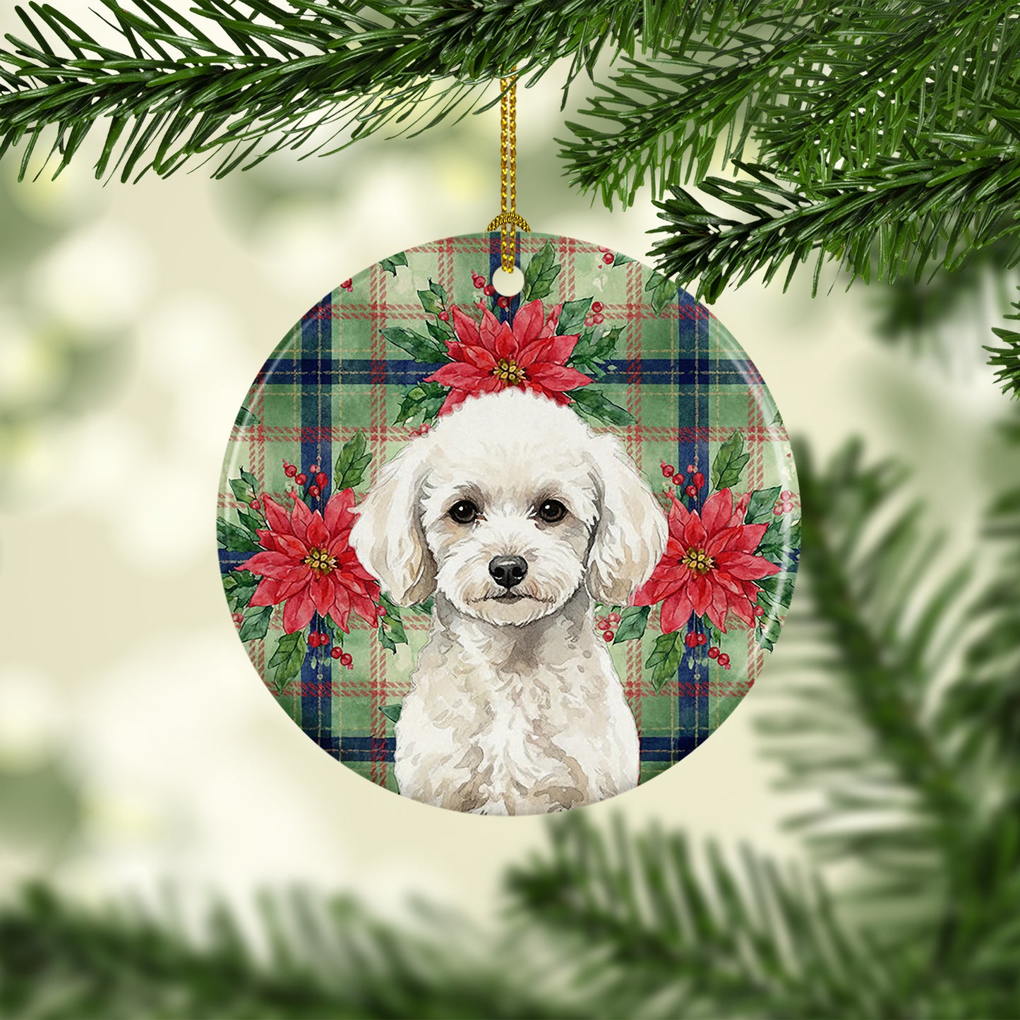 Toy White Poodle Christmas PoinsettIas Ceramic Ornament