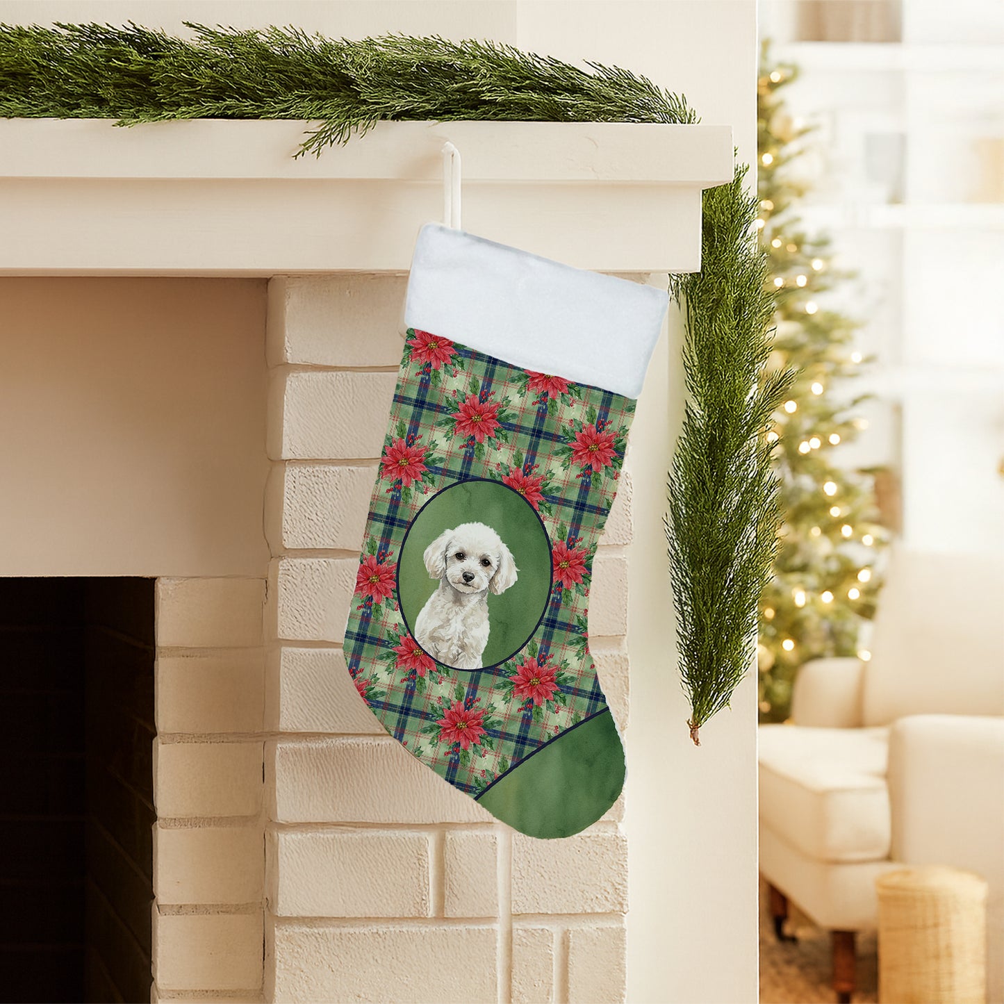 Toy White Poodle Christmas PoinsettIas Holiday Stocking