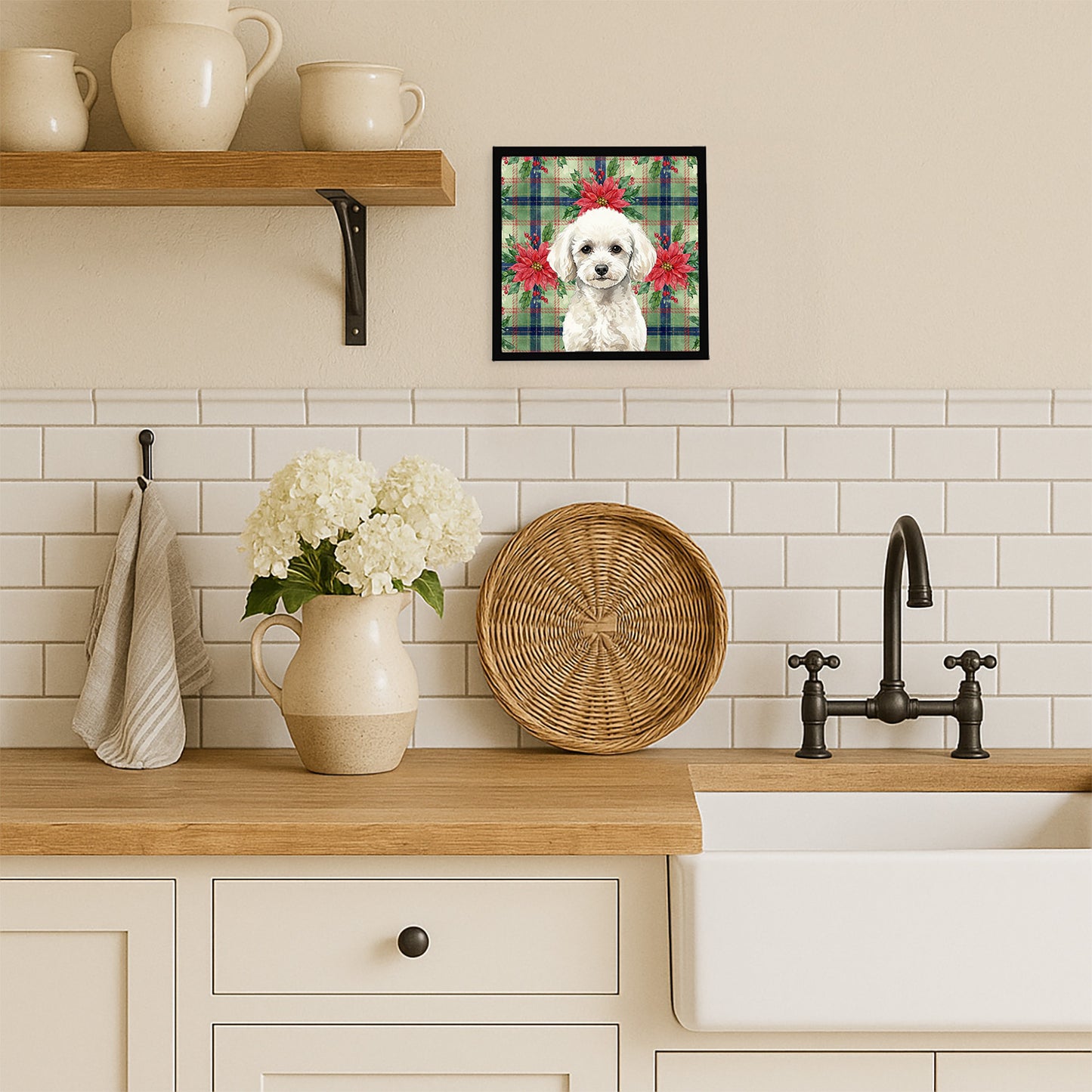 Toy White Poodle Christmas PoinsettIas Framed Metal Print