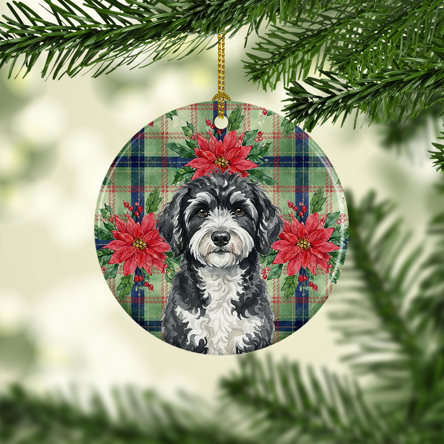 Portuguese Water Dog Christmas PoinsettIas Ceramic Ornament
