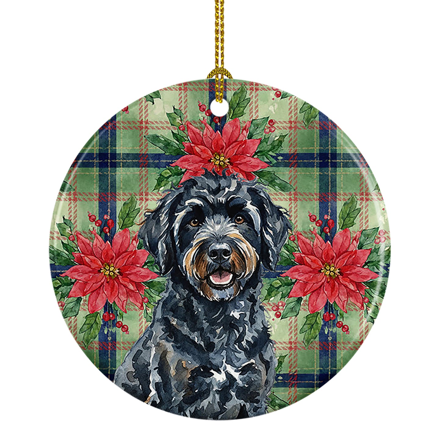 Buy this Black Portuguese Water Dog Christmas PoinsettIas Ceramic Ornament