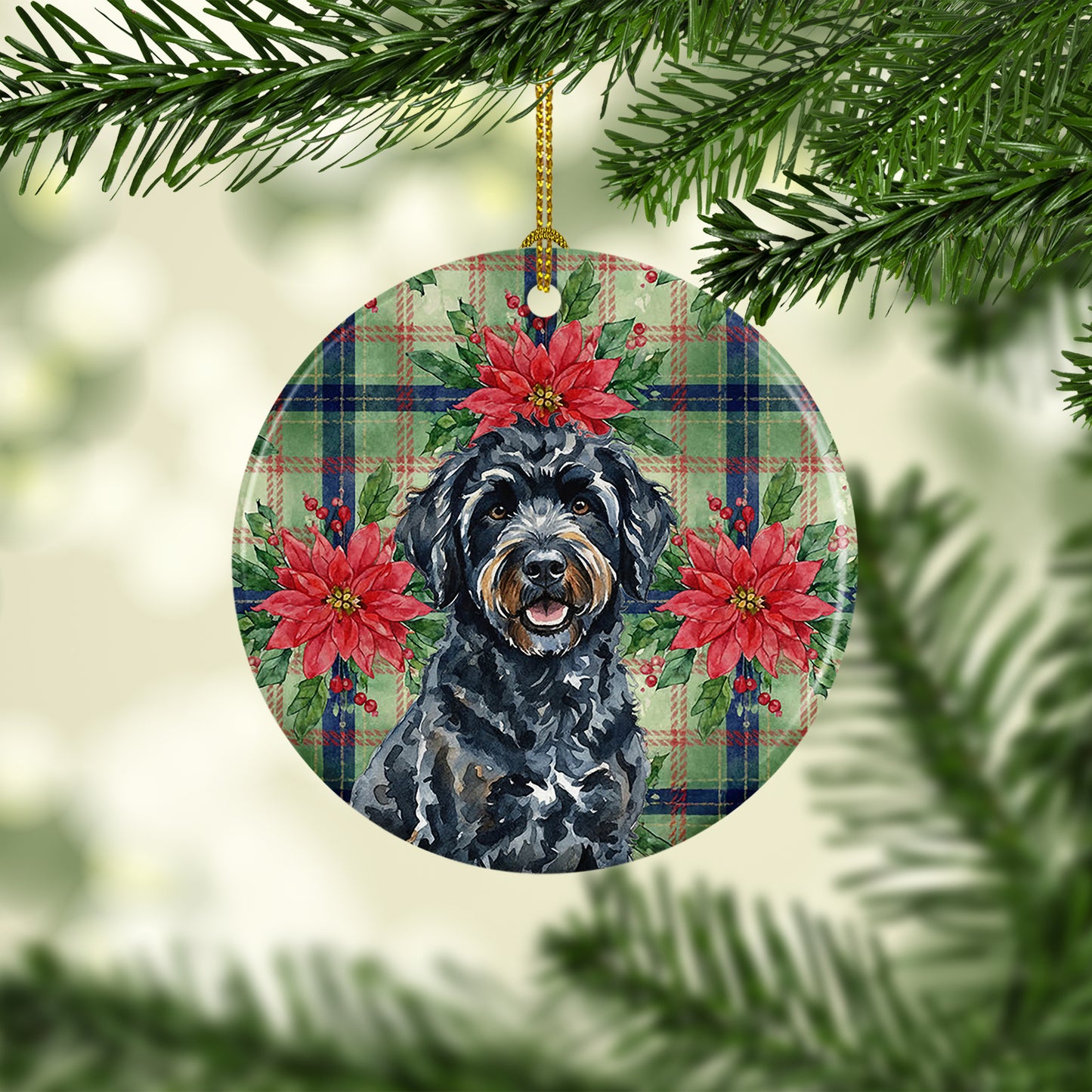 Black Portuguese Water Dog Christmas PoinsettIas Ceramic Ornament
