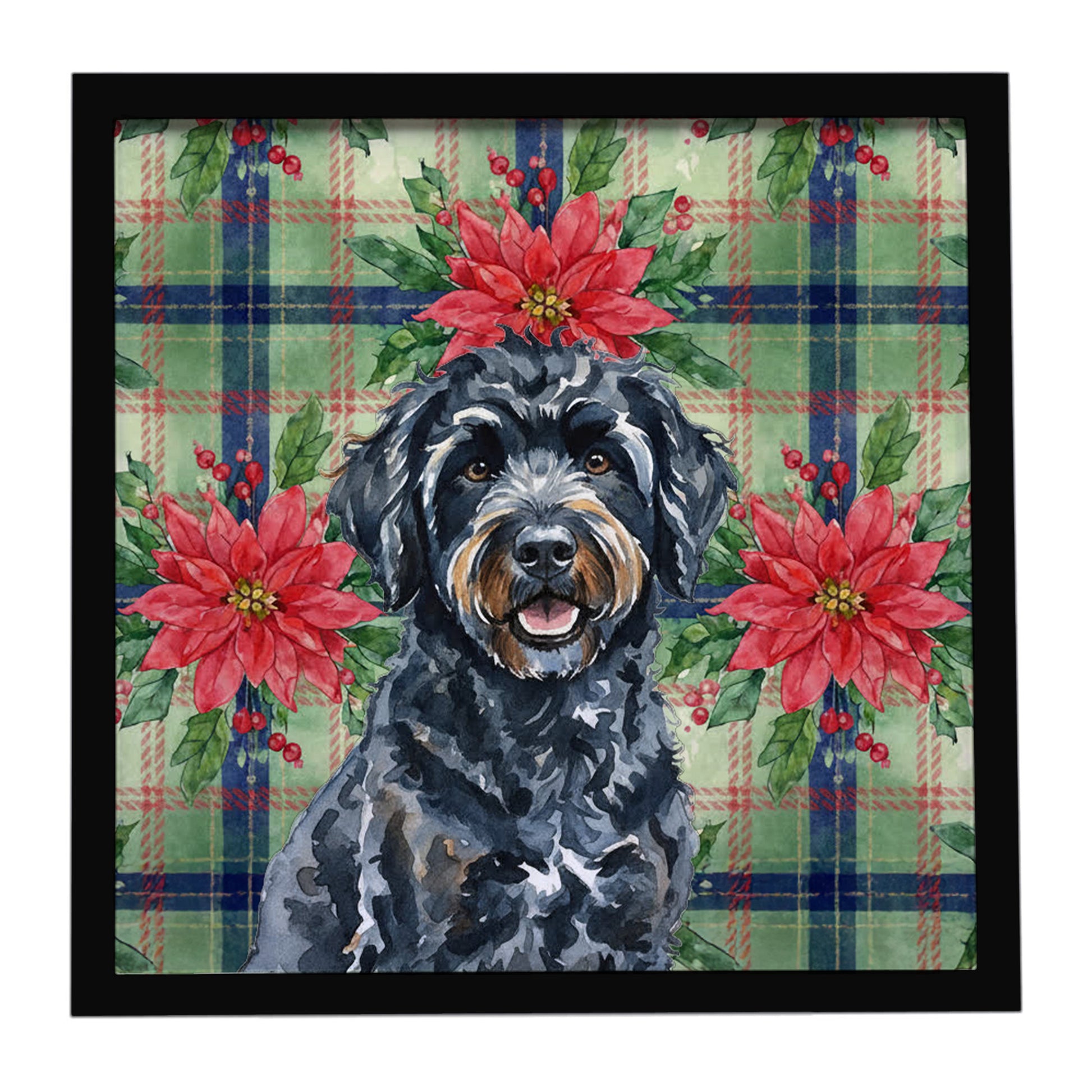 Buy this Black Portuguese Water Dog Christmas PoinsettIas Framed Metal Print